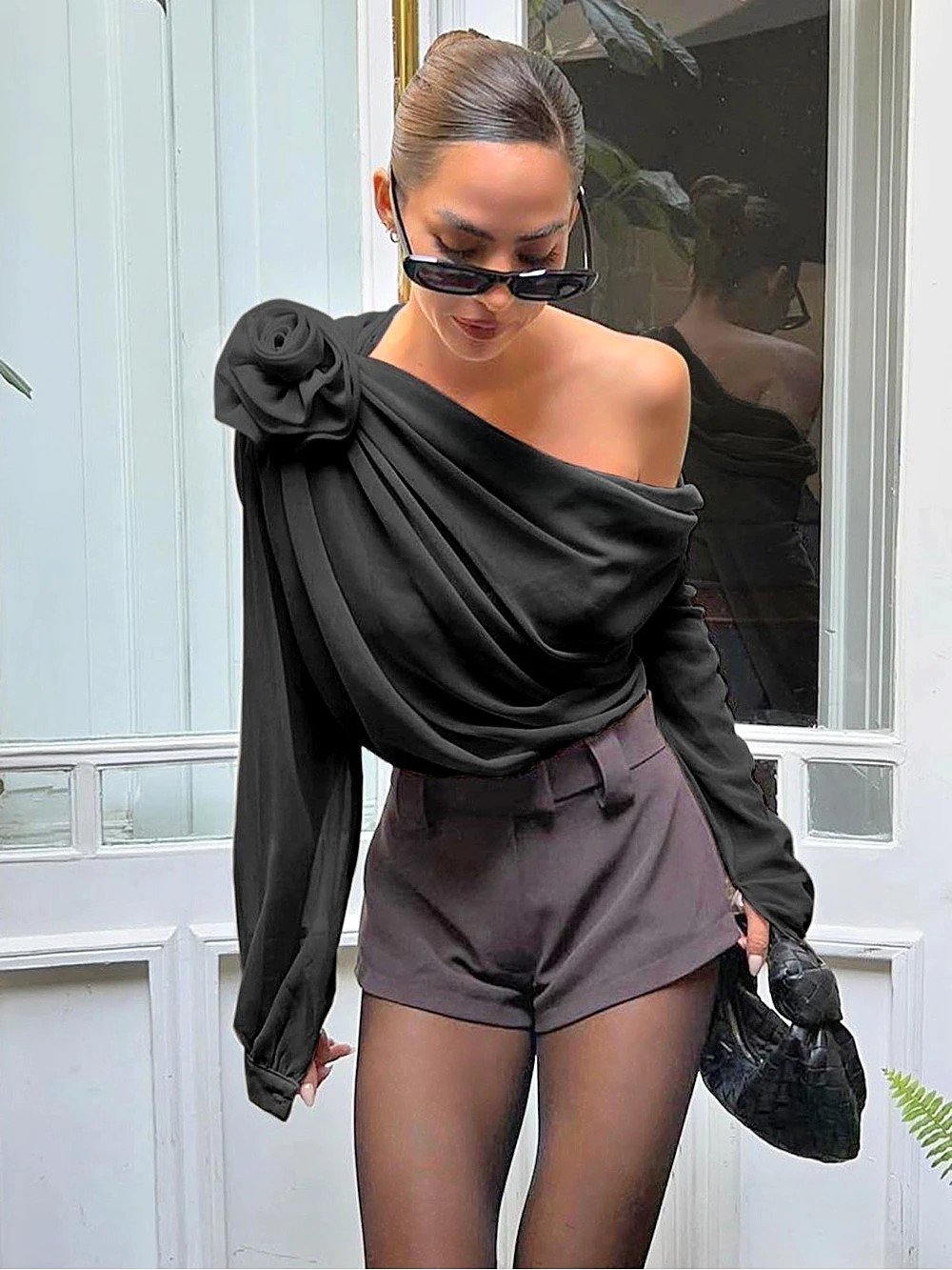 Commense Chiffon Semi-Sheer One Shoulder Asymmetrical Blouse